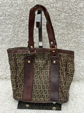 Fendi Zucchino Tote Bag Handbag Canvas Leather Women's Brown